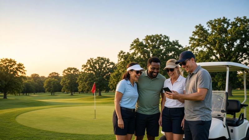 Four golfers by a cart at golden hour, checking a phone, open fairway behind them