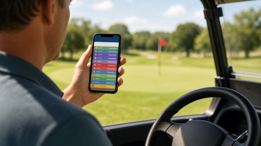 Golfer in a cart looking at a live leaderboard on a phone